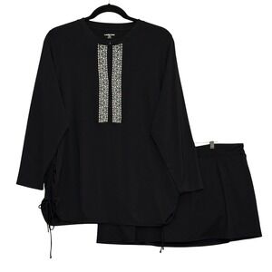Lands End Black Modest Swim Tunic Skirt Set 3XL 24W 26W Long Sleeve Rash Guard